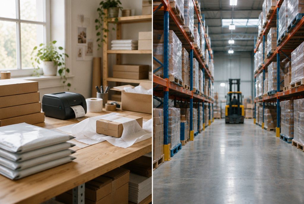 Split image: on the left a small brand's own packing bench with a thermal label printer, tissue paper and courier satchels; on the right a large warehouse aisle with tall pallet racking and a forklift
