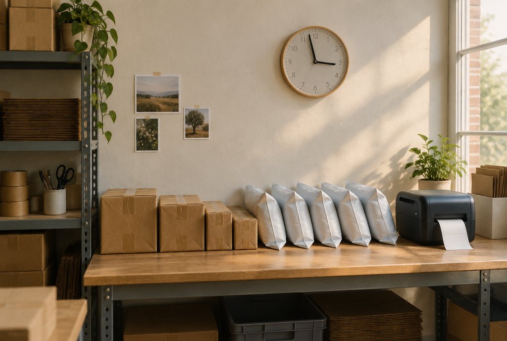 A wall clock above a packing bench, with sealed parcels and courier satchels lined up ready for collection and a thermal label printer at the end of the row