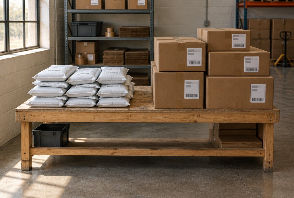 A lodgement bench with two sorted piles: small, light courier satchels on one side and larger labelled cartons for road freight on the other