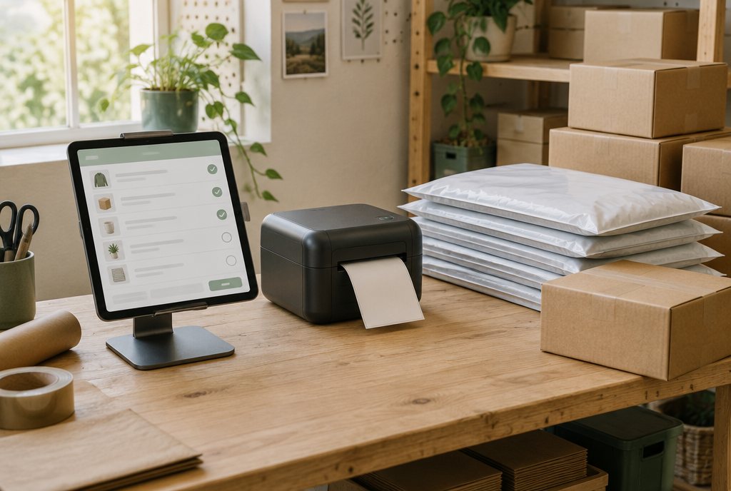 A packing bench with an iPad on a stand showing a picking list, a thermal label printer, and a stack of satchels and boxes ready to ship