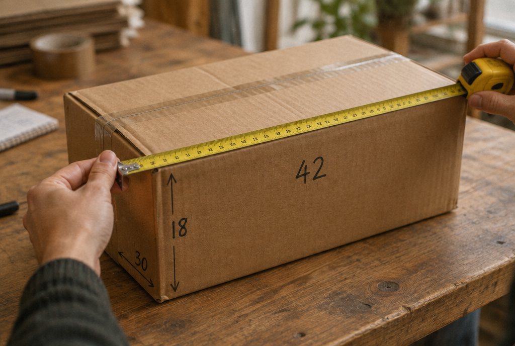 A tape measure stretched across the longest side of a cardboard parcel on a packing bench, with the length, width and height marked in pen on the box