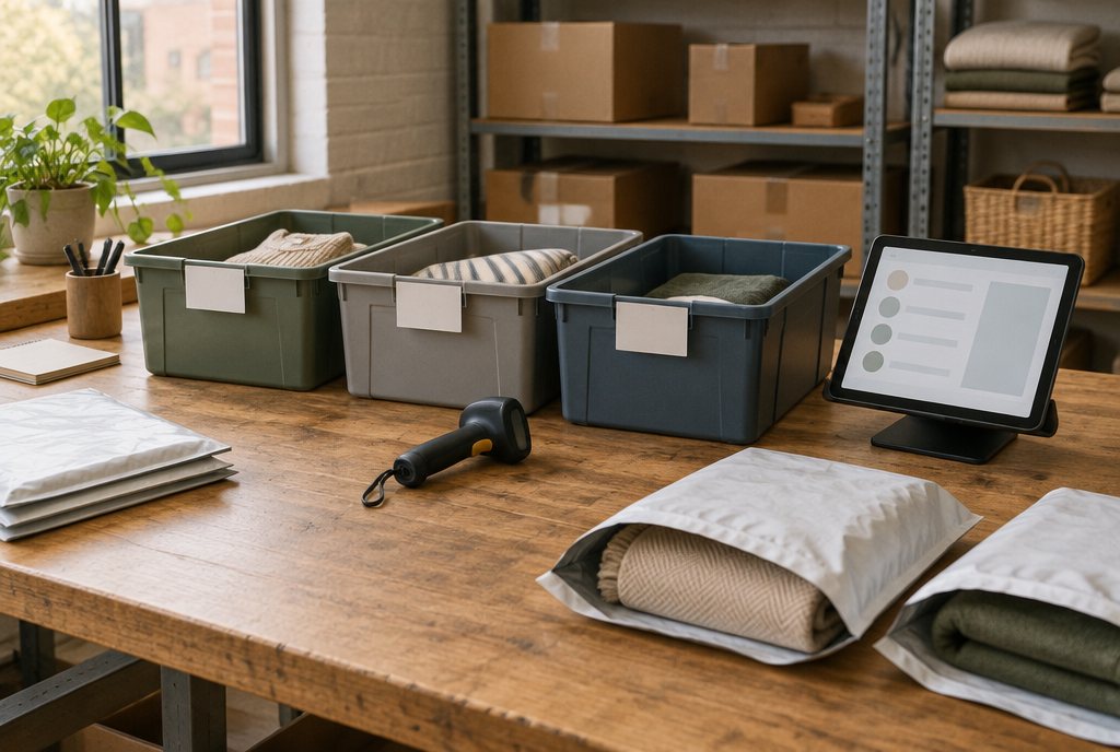 A returns inspection station: a packing bench with three labelled tote bins, a handheld scanner, a tablet showing the return record, and opened satchels of returned homewares