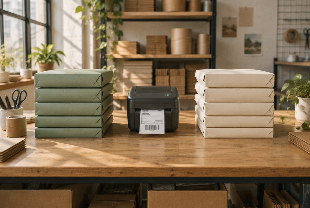 A single packing bench with one thermal label printer between two stacks of parcels: sage-green mailers for one brand and cream mailers for another