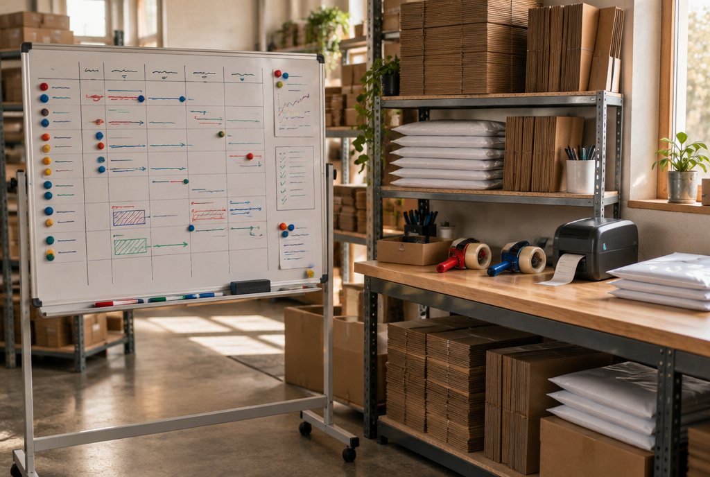 A whiteboard dispatch plan with columns, coloured magnets and marker notes, beside a fully stocked pack station with cartons, satchels, tape guns and a thermal label printer