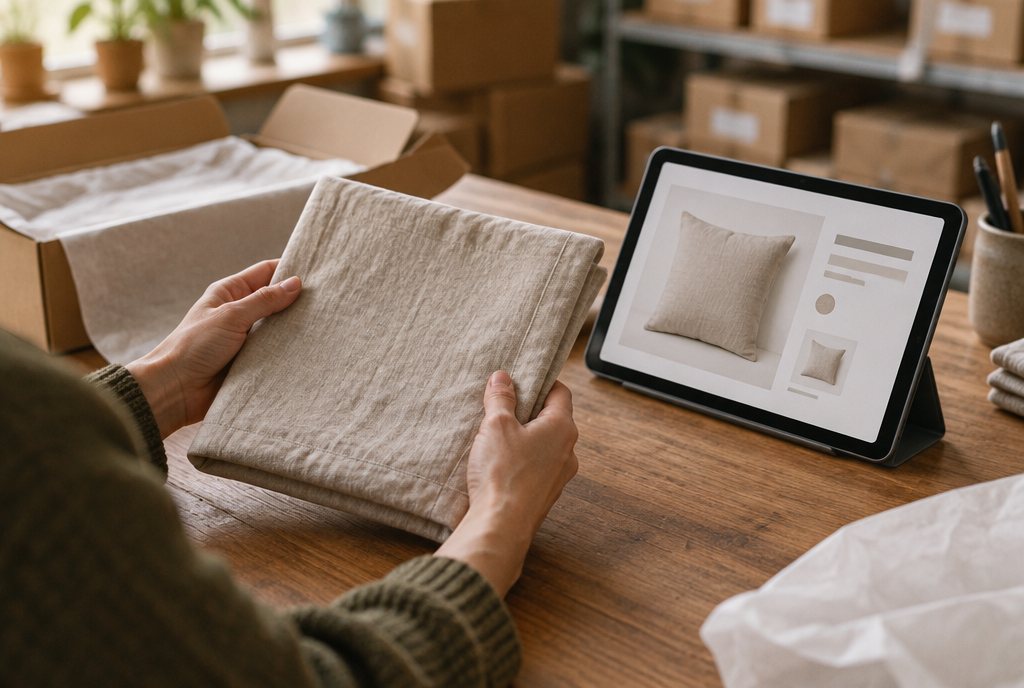 A packer at a bench holding a folded linen cushion cover up beside a tablet showing the order's product photo, checking the item before it's packed