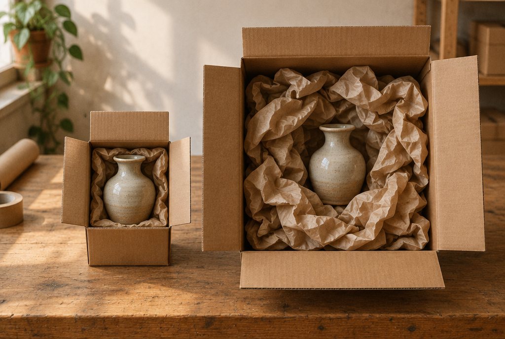 Side by side on a packing bench: a small vase snug in a correctly sized carton next to the same vase in an oversized box stuffed with paper void fill